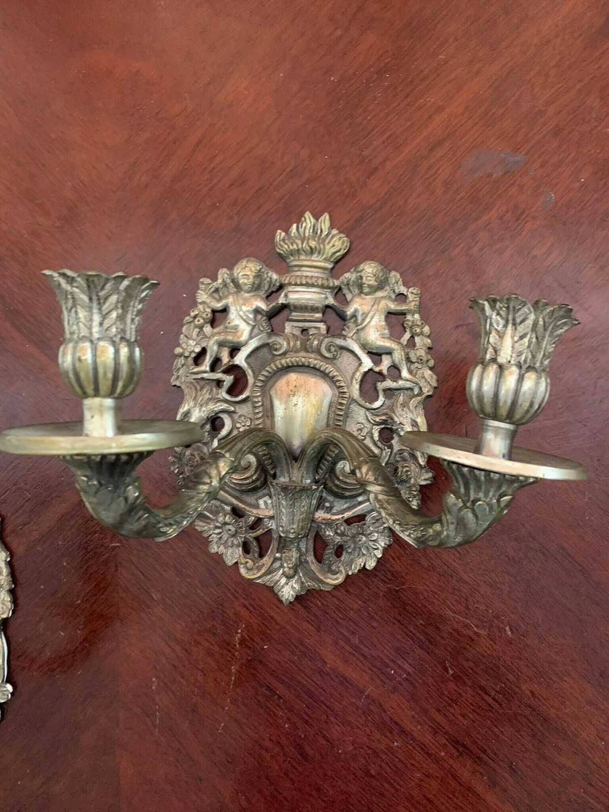 Original Pair Of Antique Rococo Gothic Solid Brass Double Candle Wall Sconces Adorned With Cherubs photo furniture