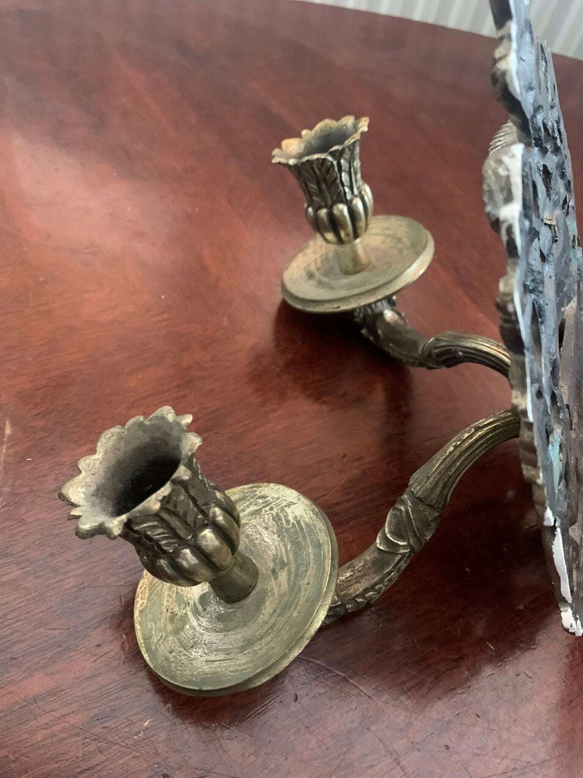 photo furniture Original Pair Of Antique Rococo Gothic Solid Brass Double Candle Wall Sconces Adorned With Cherubs