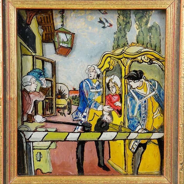 Three Vintage Behind Glass Paintings With Biedermeier Scenes photo vintage