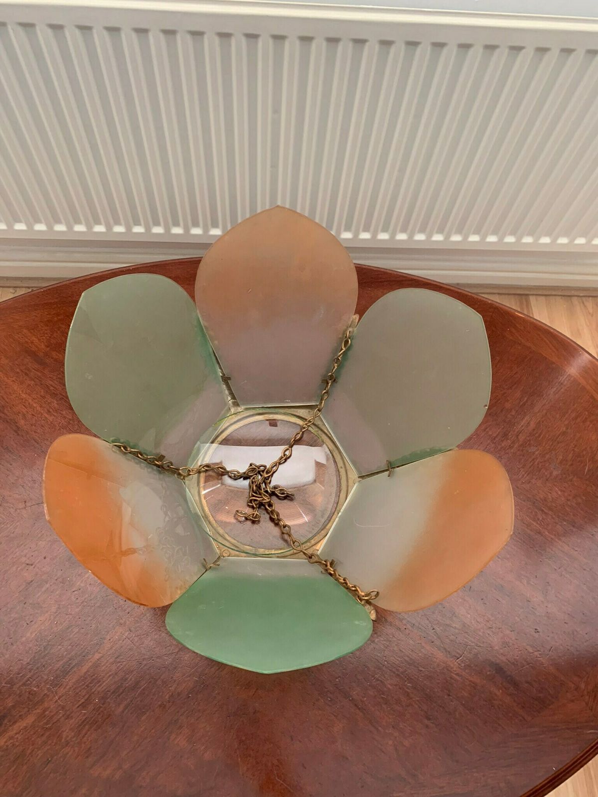 Original Antique Art Nouveau/Art Deco Pink And Green Bronze & Plate Glass Pendant Light Shade photo for sale