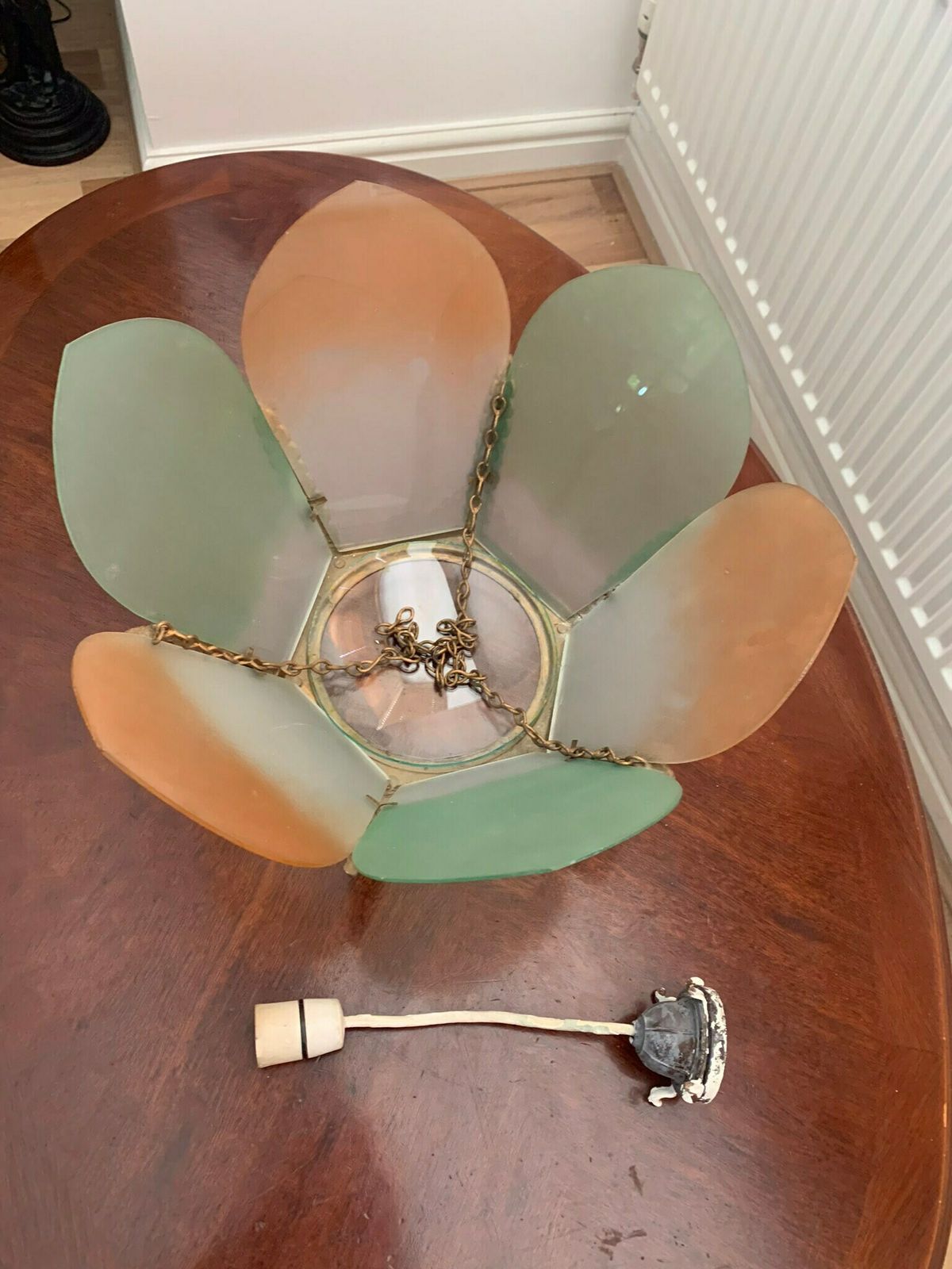 photo for sale Original Antique Art Nouveau/Art Deco Pink And Green Bronze & Plate Glass Pendant Light Shade