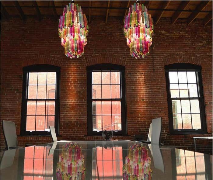 Trio Of Monumental Multicolored Prism Chandeliers, Murano photo furniture