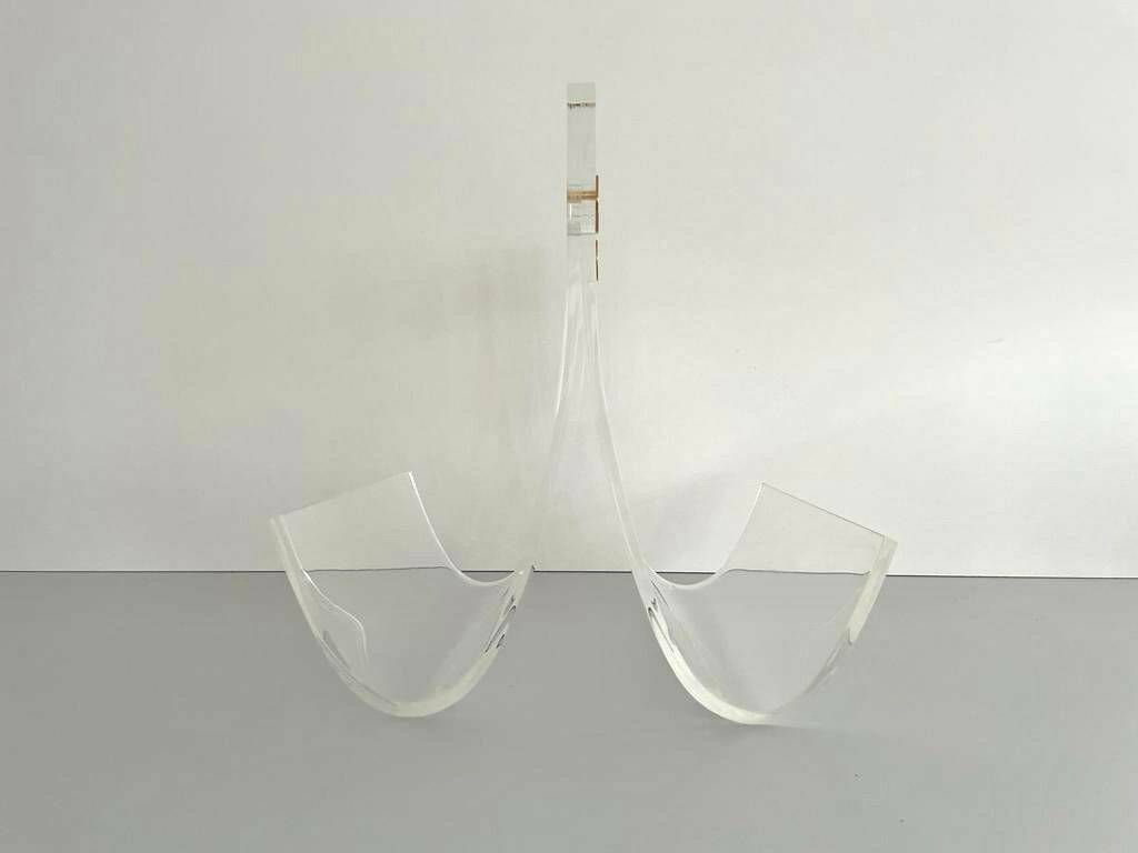Elegant Heavy Thick Lucite Plexiglass Magazine Rack With Gold Details, 1970s photo for sale