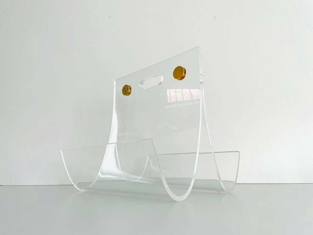 Elegant Heavy Thick Lucite Plexiglass Magazine Rack With Gold Details, 1970s photo Home Decor