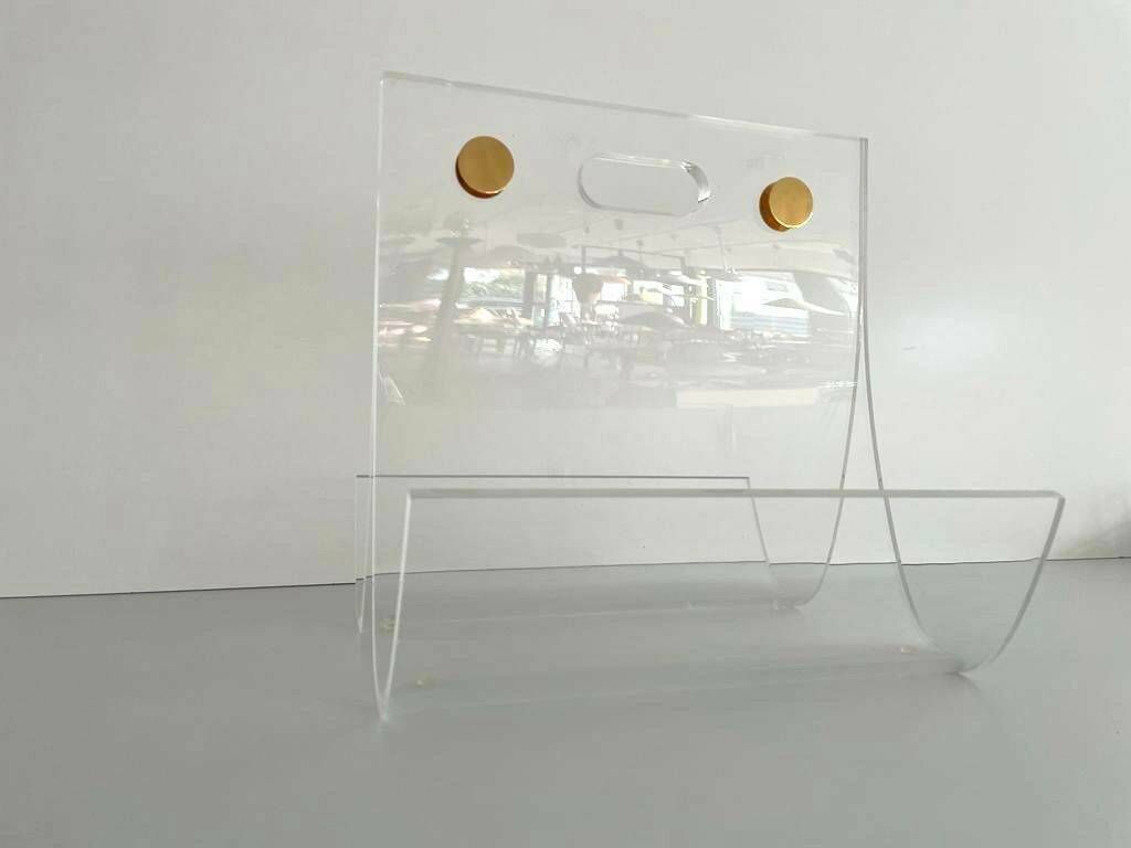 Elegant Heavy Thick Lucite Plexiglass Magazine Rack With Gold Details, 1970s photo vintage