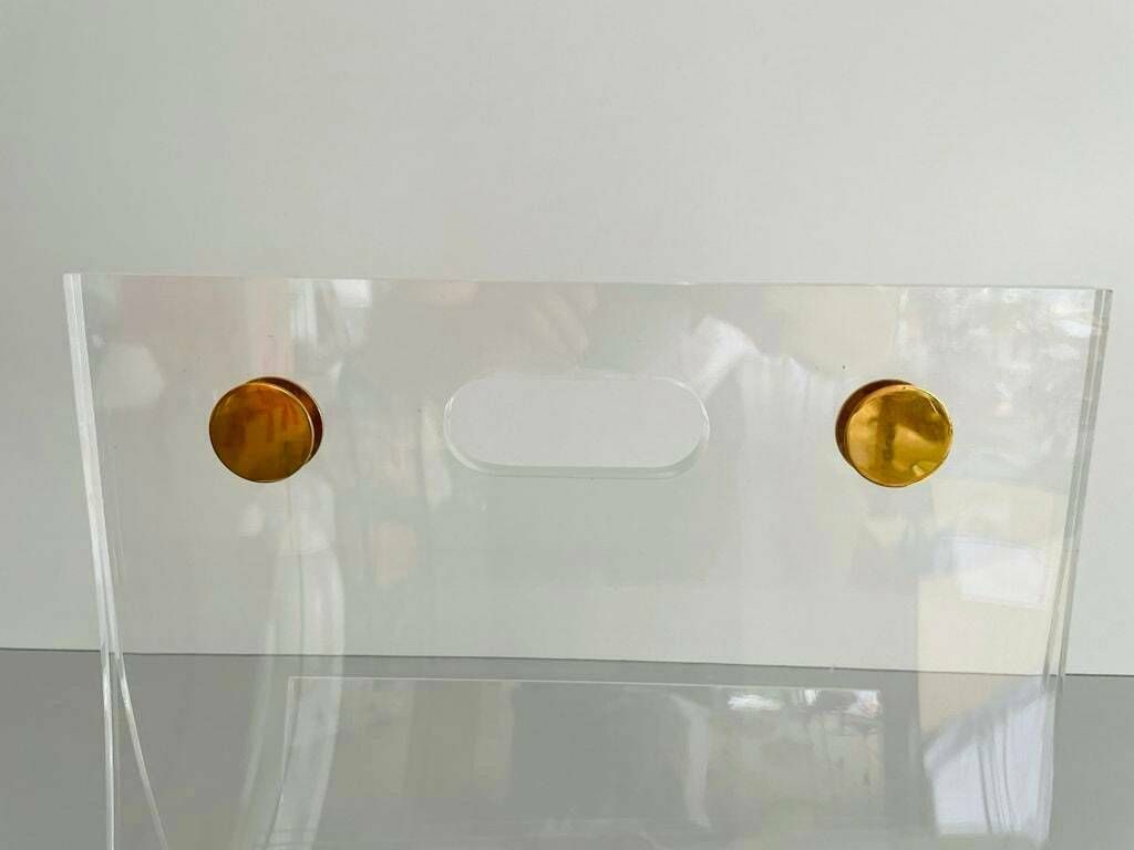 photo for sale Elegant Heavy Thick Lucite Plexiglass Magazine Rack With Gold Details, 1970s