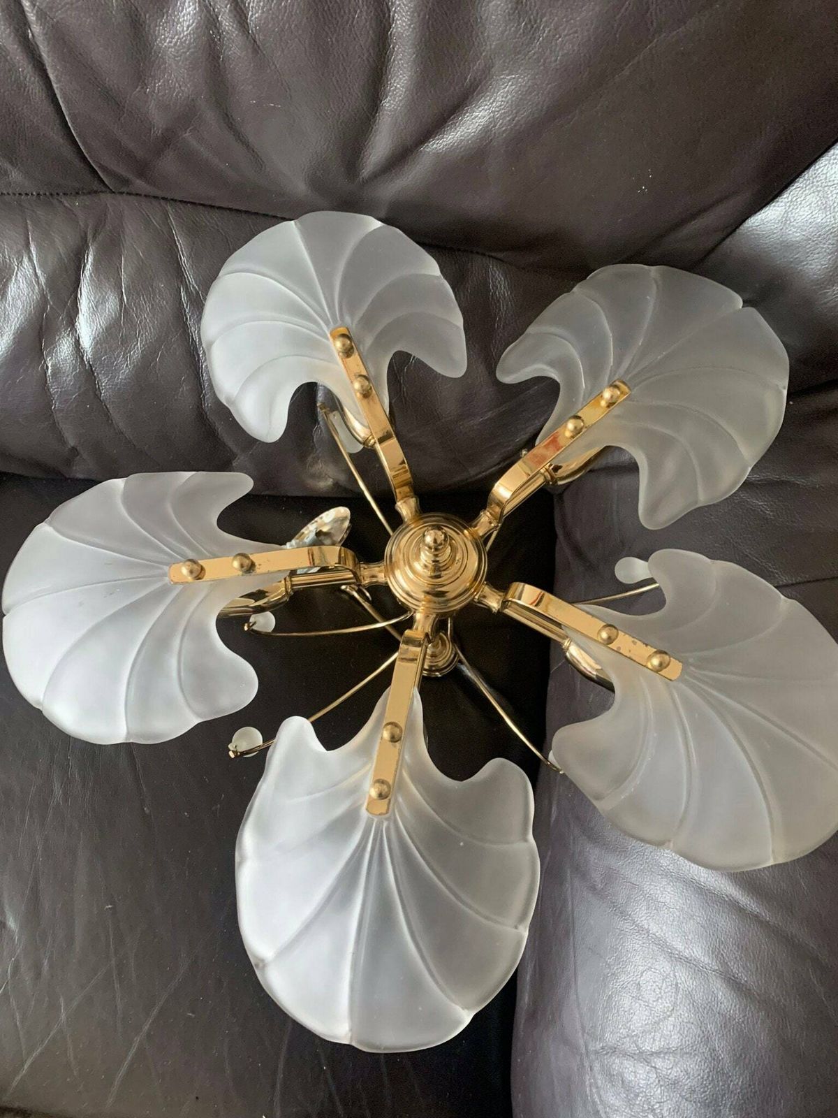 Vintage 80s Brass & Opaque Five Branch Glass Clam/Scallop Shell Chandelier/Ceiling Light C/W Glass Droplets
