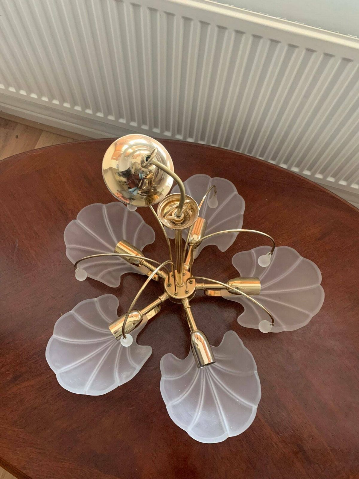Vintage 80s Brass & Opaque Five Branch Glass Clam/Scallop Shell Chandelier/Ceiling Light C/W Glass Droplets photo Lighting