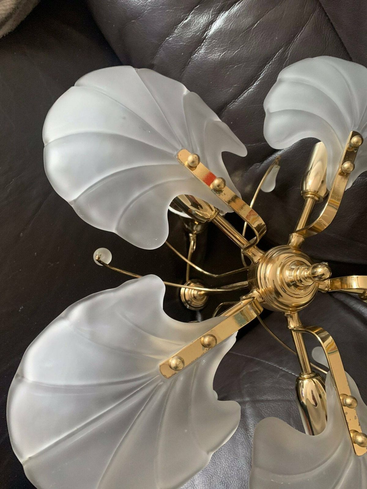 Vintage 80s Brass & Opaque Five Branch Glass Clam/Scallop Shell Chandelier/Ceiling Light C/W Glass Droplets photo vintage