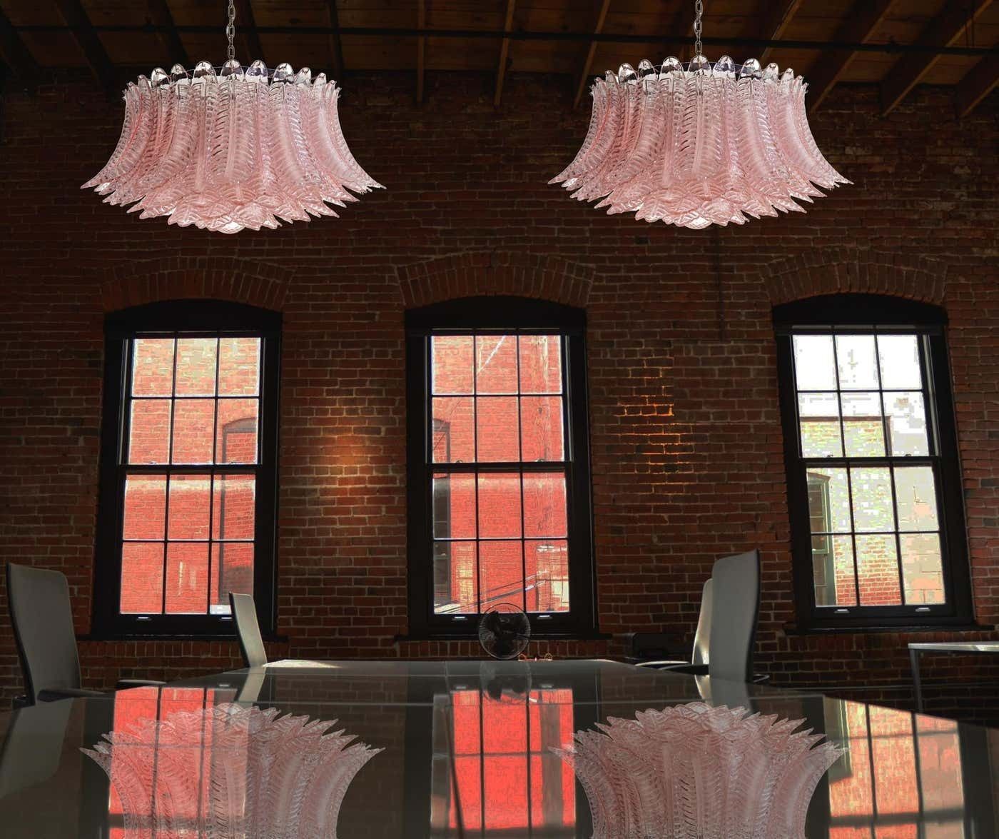 Pair Italian Pink Glass Ceiling Light Chandeliers, Murano, 1990 photo 7929.0