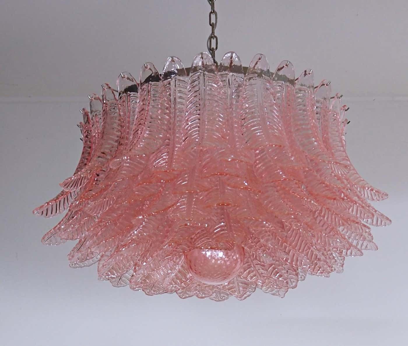 photo for sale Pair Italian Pink Glass Ceiling Light Chandeliers, Murano, 1990
