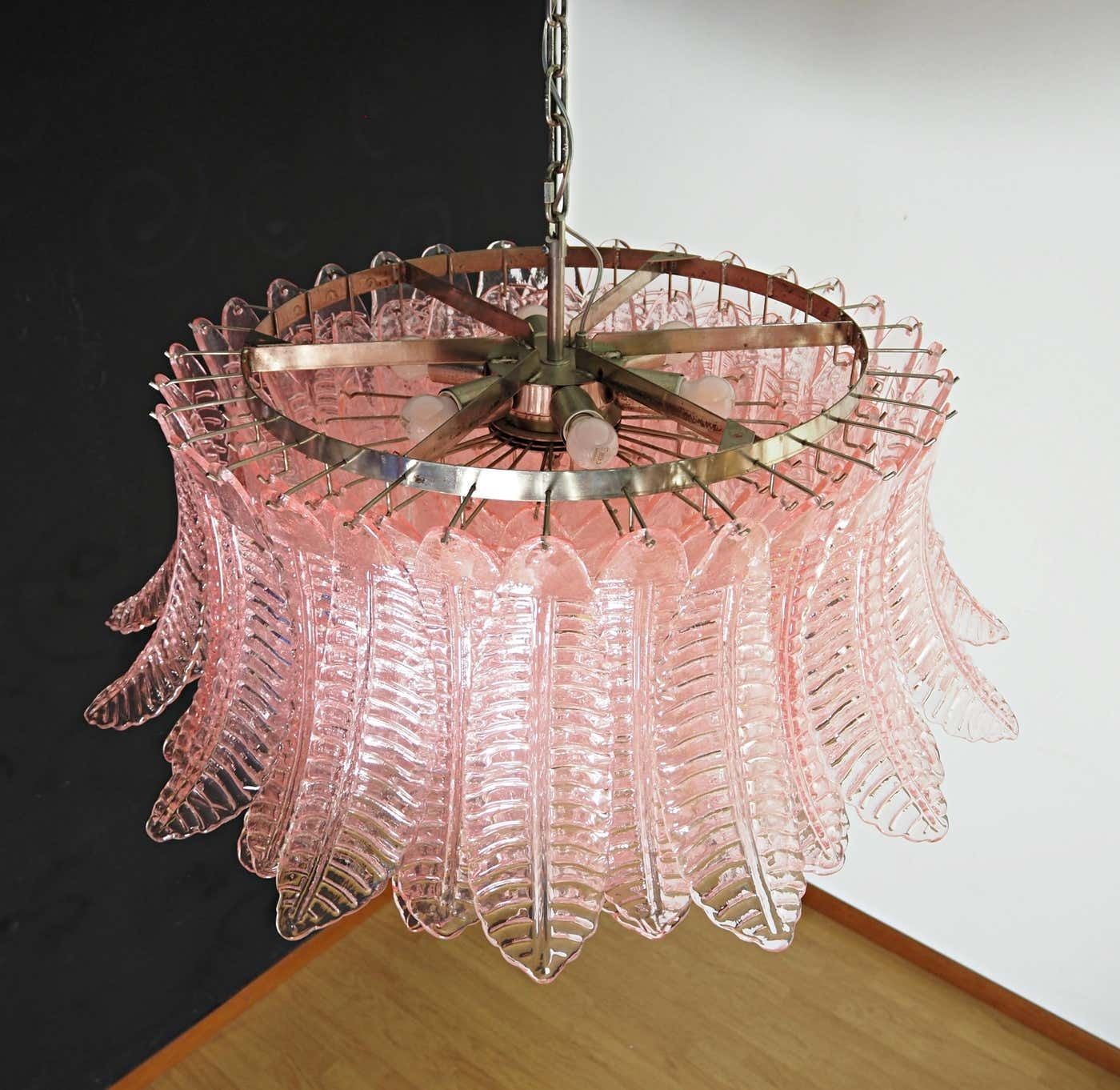 photo vintage Pair Italian Pink Glass Ceiling Light Chandeliers, Murano, 1990