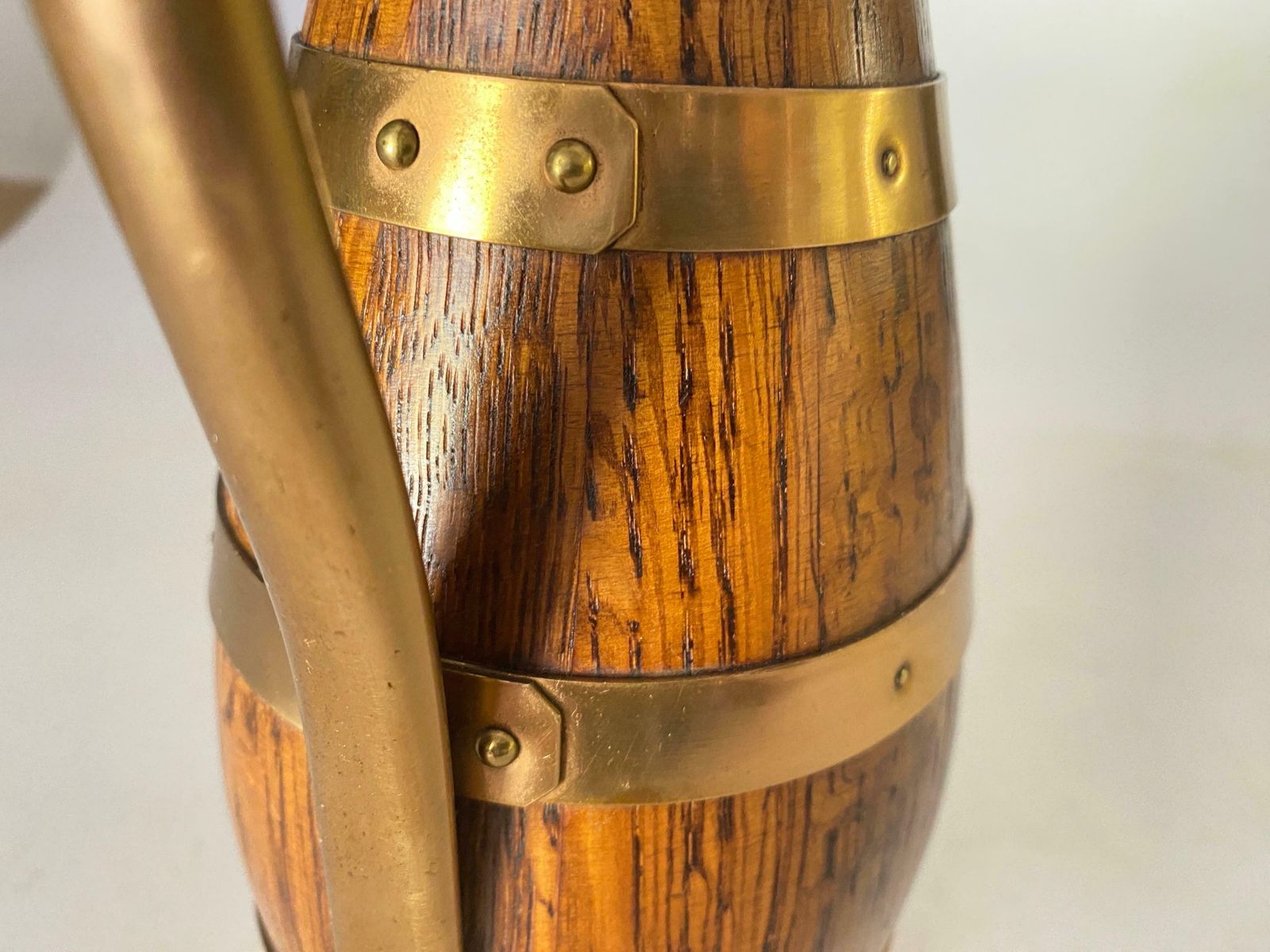 Gerard Lafitte Oak And Brass Barrel Form Pitcher Wooden Jug France 1933 photo for sale