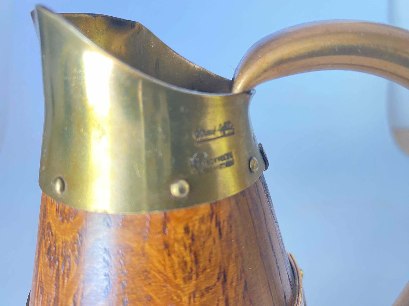 Gerard Lafitte Oak And Brass Barrel Form Pitcher Wooden Jug France 1933 photo vintage