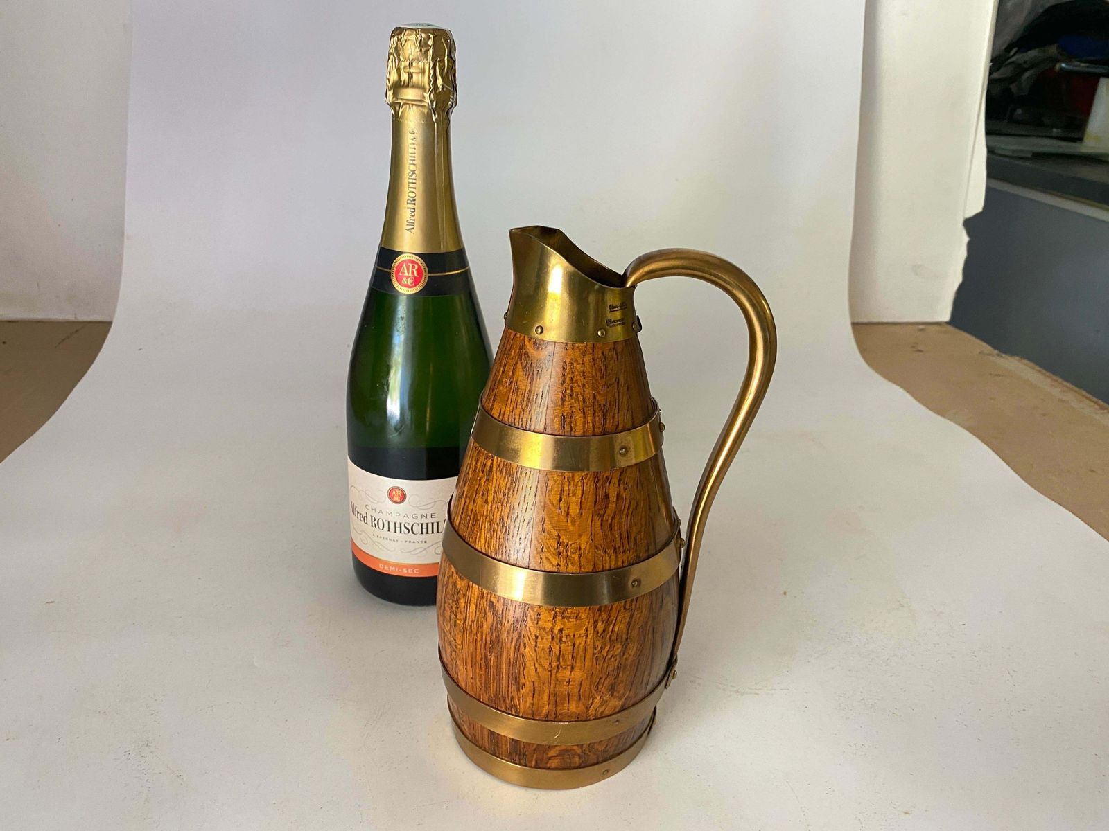 photo for sale Gerard Lafitte Oak And Brass Barrel Form Pitcher Wooden Jug France 1933