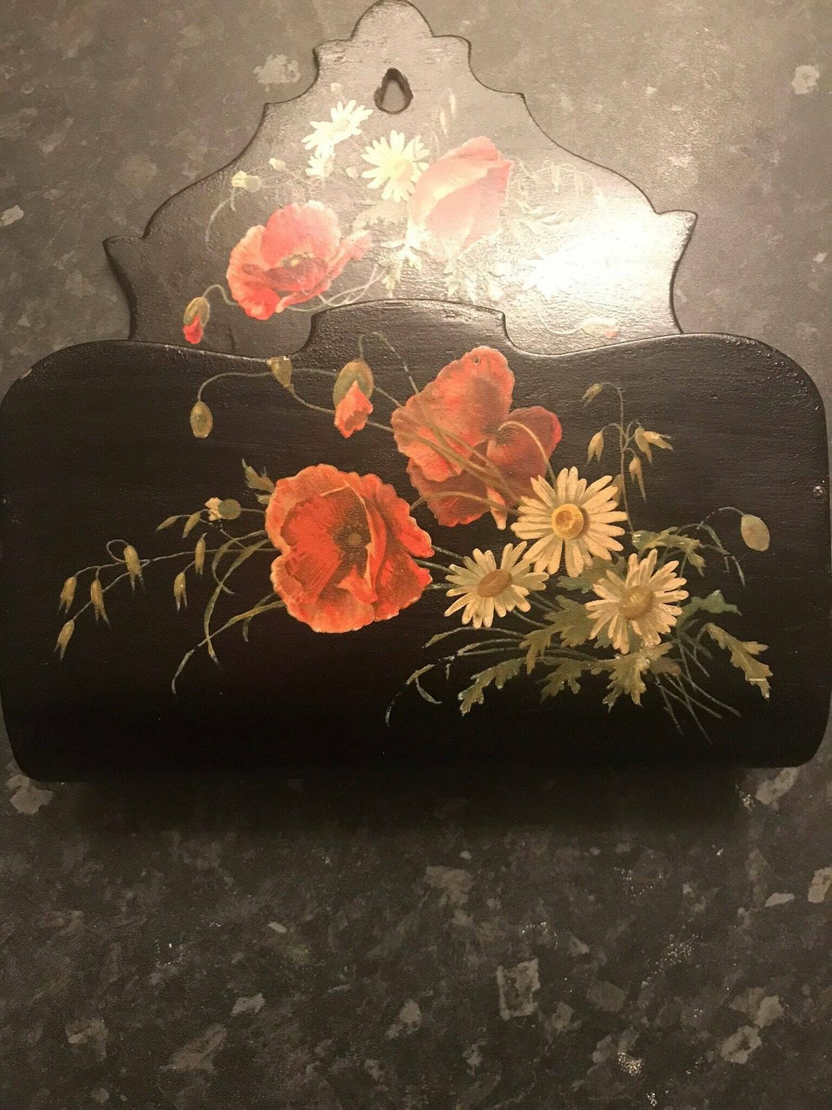 Beautiful Antique Georgian Papier Mâché Letter/Wall Pouch ‘Poppies And Daisies ‘. Superb. photo furniture