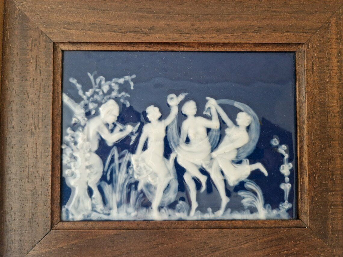 Limoges Porcelain Cameo Of Pan With Dancing Nymphs  Framed Mythology Ceramic Wall Art Hanging photo vinterior