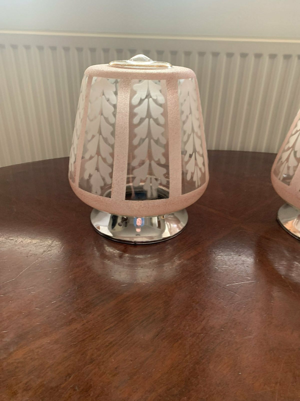Pair Of Original Art Deco Flush Mount Pendant Ceiling Lights In Pink & White C/W Original Chrome Galleries. photo furniture