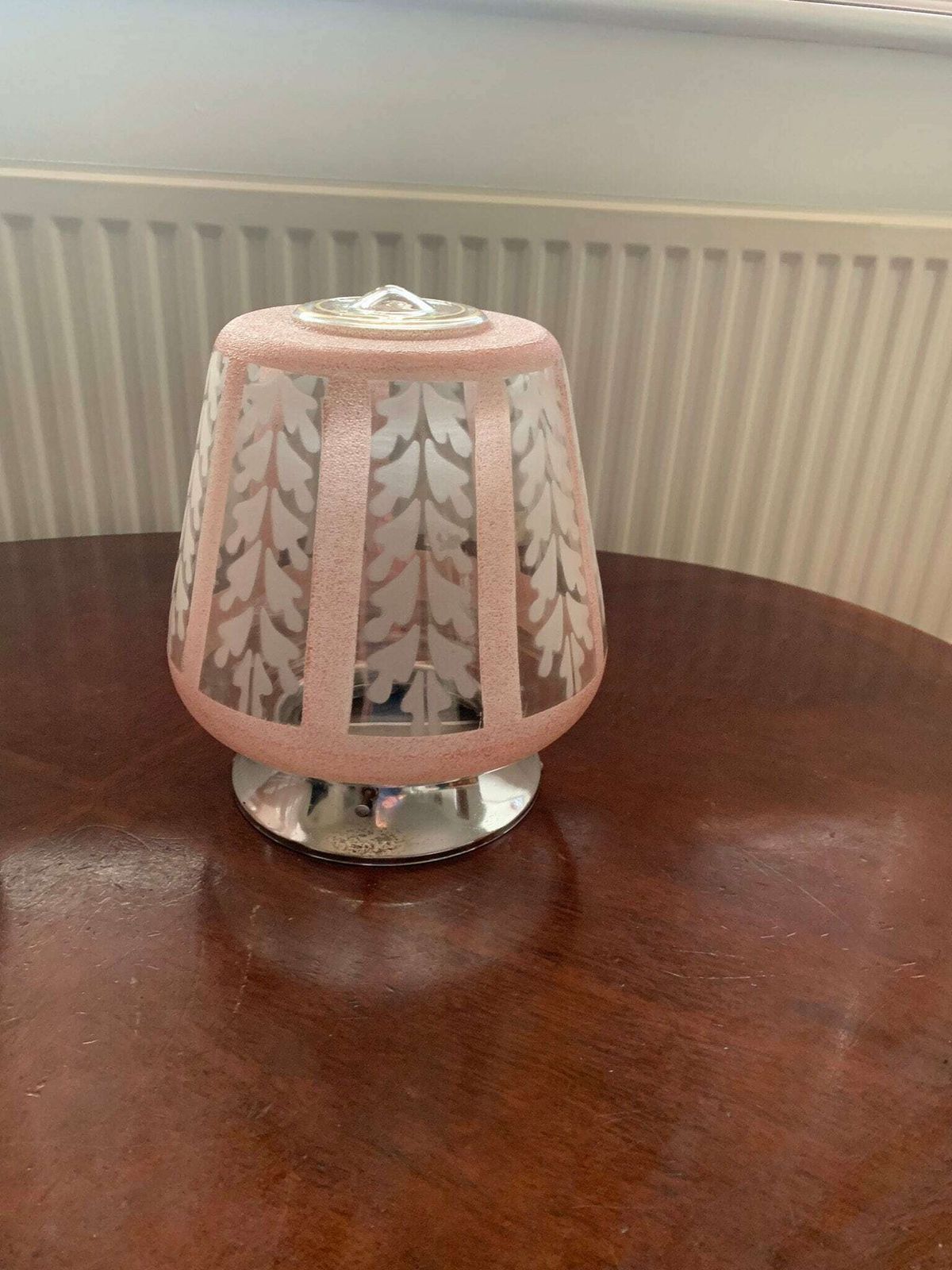 Pair Of Original Art Deco Flush Mount Pendant Ceiling Lights In Pink & White C/W Original Chrome Galleries. photo for sale