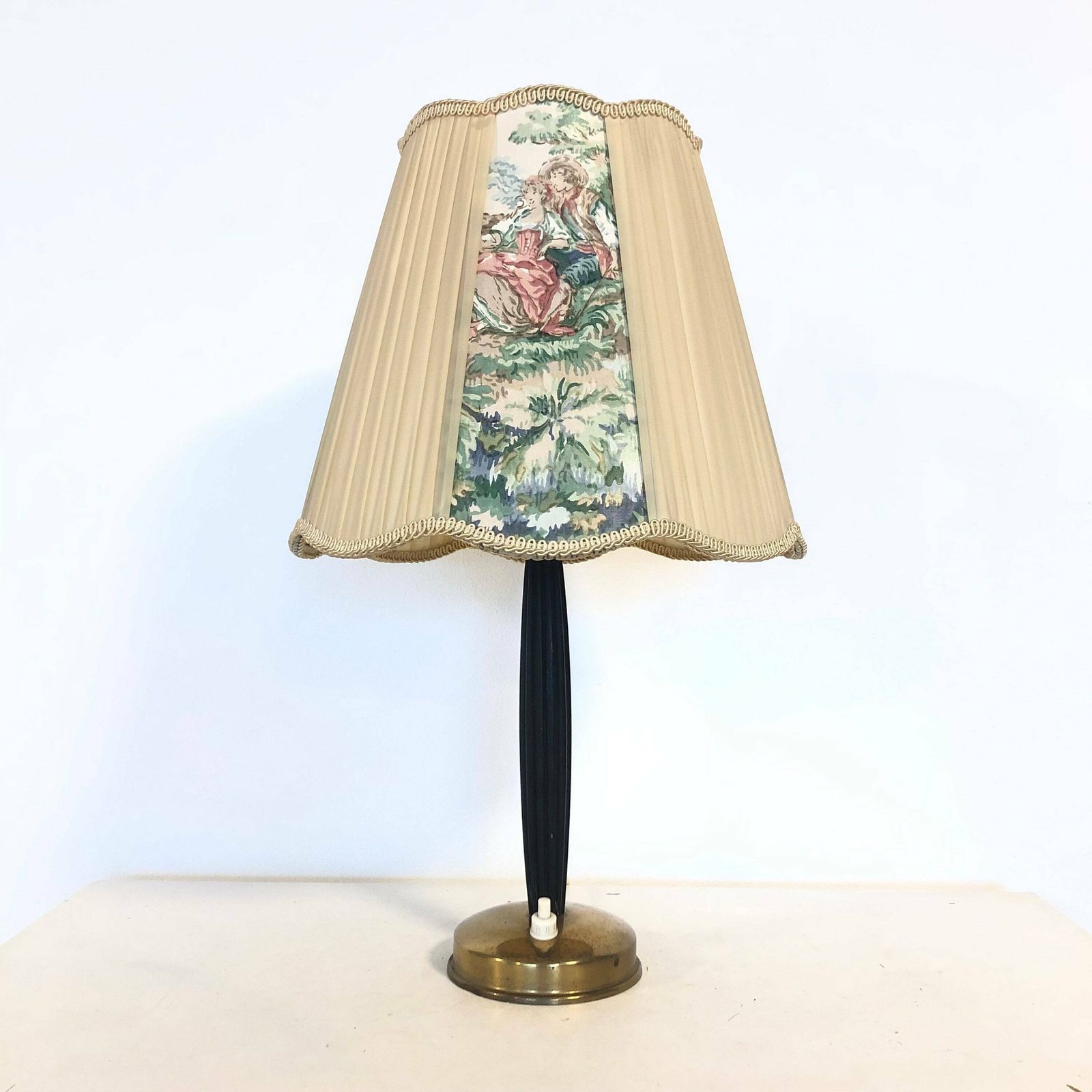 Danish Original Art Deco Design Wood And Brass Table Lamp With Vintage Painted Shade photo furniture