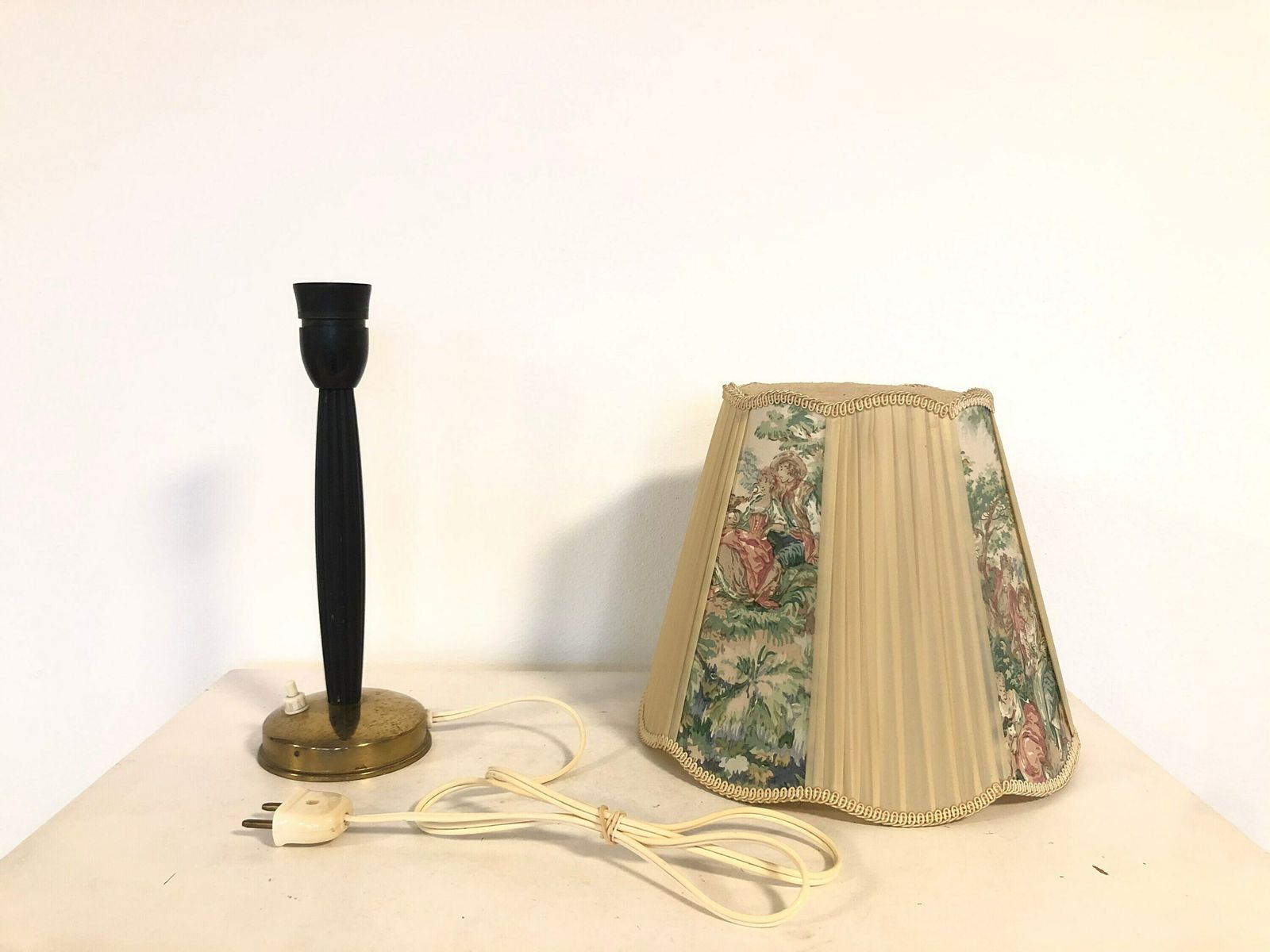 Danish Original Art Deco Design Wood And Brass Table Lamp With Vintage Painted Shade photo buy