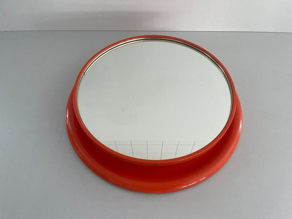 Wonderful Orange Metal Pop Art Italian Round Wall Mirror, 1970s, Italy photo for sale
