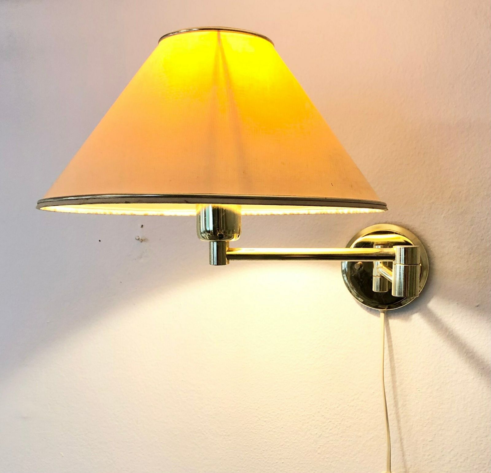Mid Century Danish Swing Arm Design Wall Lamp In Brass With Original Vintage Beige Fabric Shade With Gold Details photo furniture