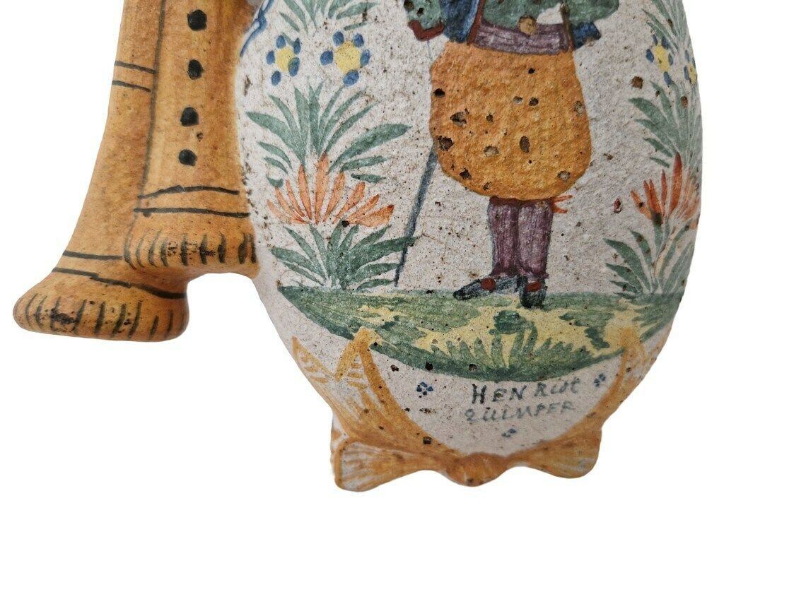 photo furniture Henriot Quimper Faience Wall Pocket Bagpipe Vase, Hand Painted French Pottery Breton Souvenir
