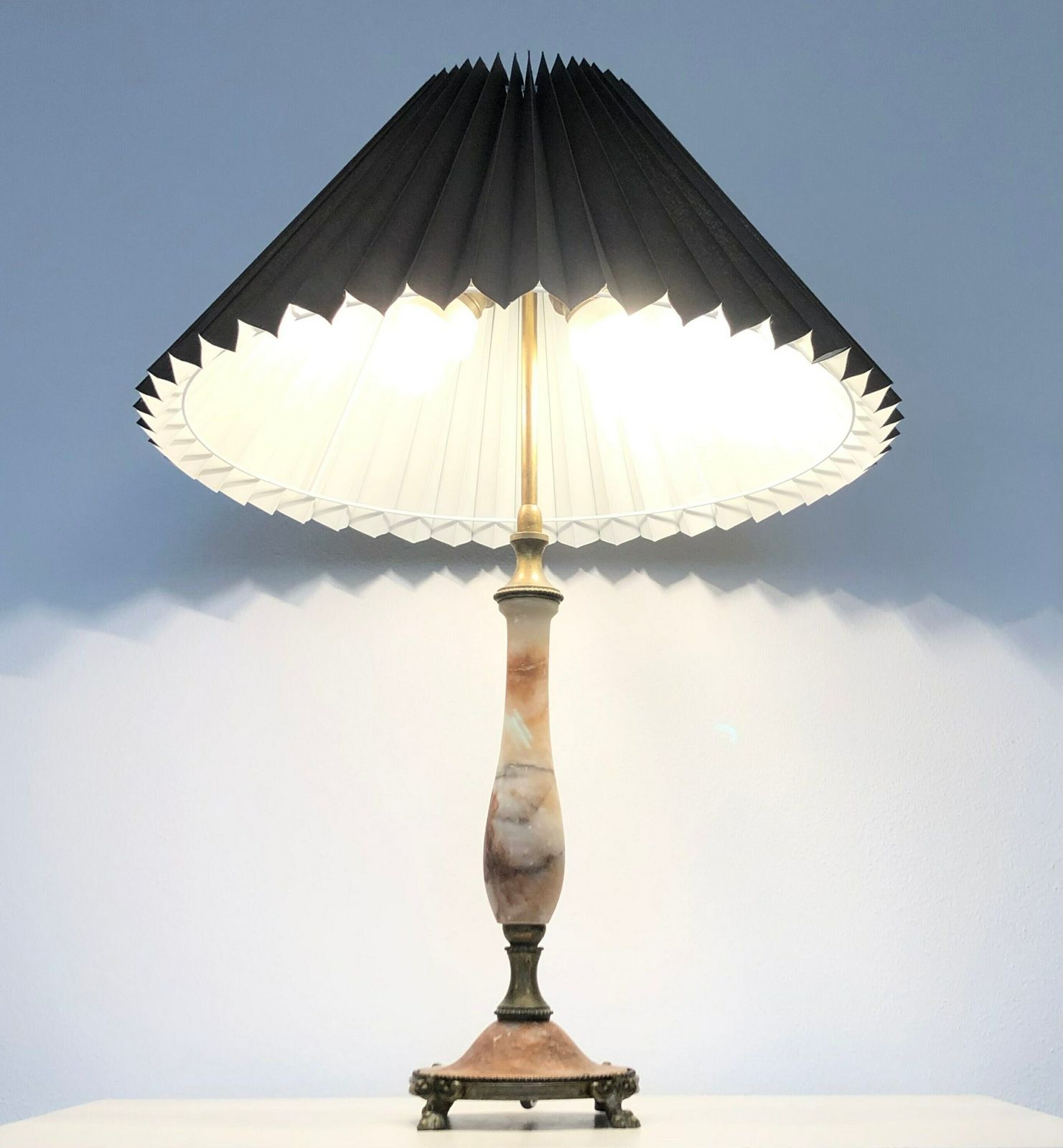 Exclusive Vintage Red Alabaster Art Deco Table Lamp With Gorgeous Brass Details And Dark Pleated Fabric Shade photo furniture