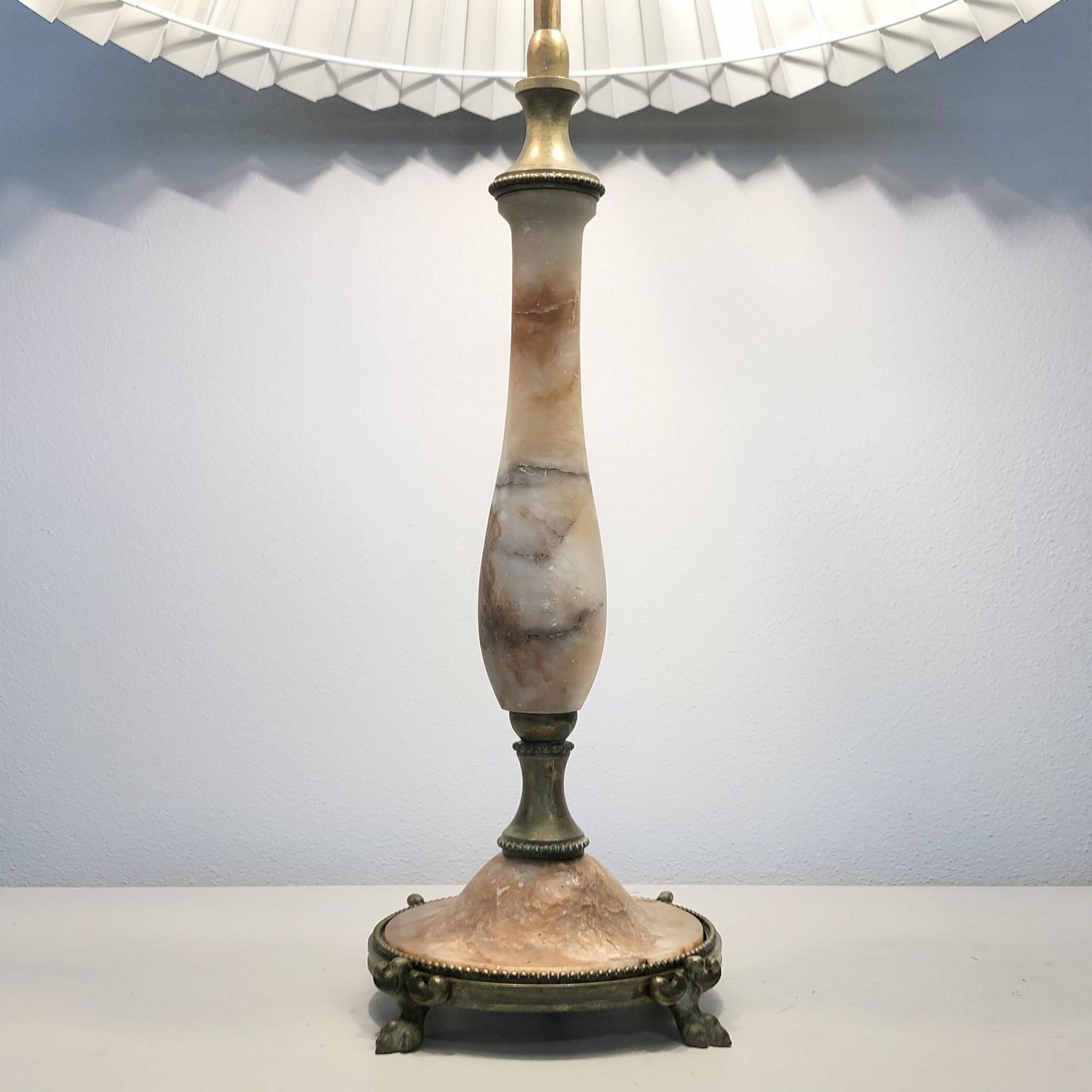 Exclusive Vintage Red Alabaster Art Deco Table Lamp With Gorgeous Brass Details And Dark Pleated Fabric Shade photo for sale