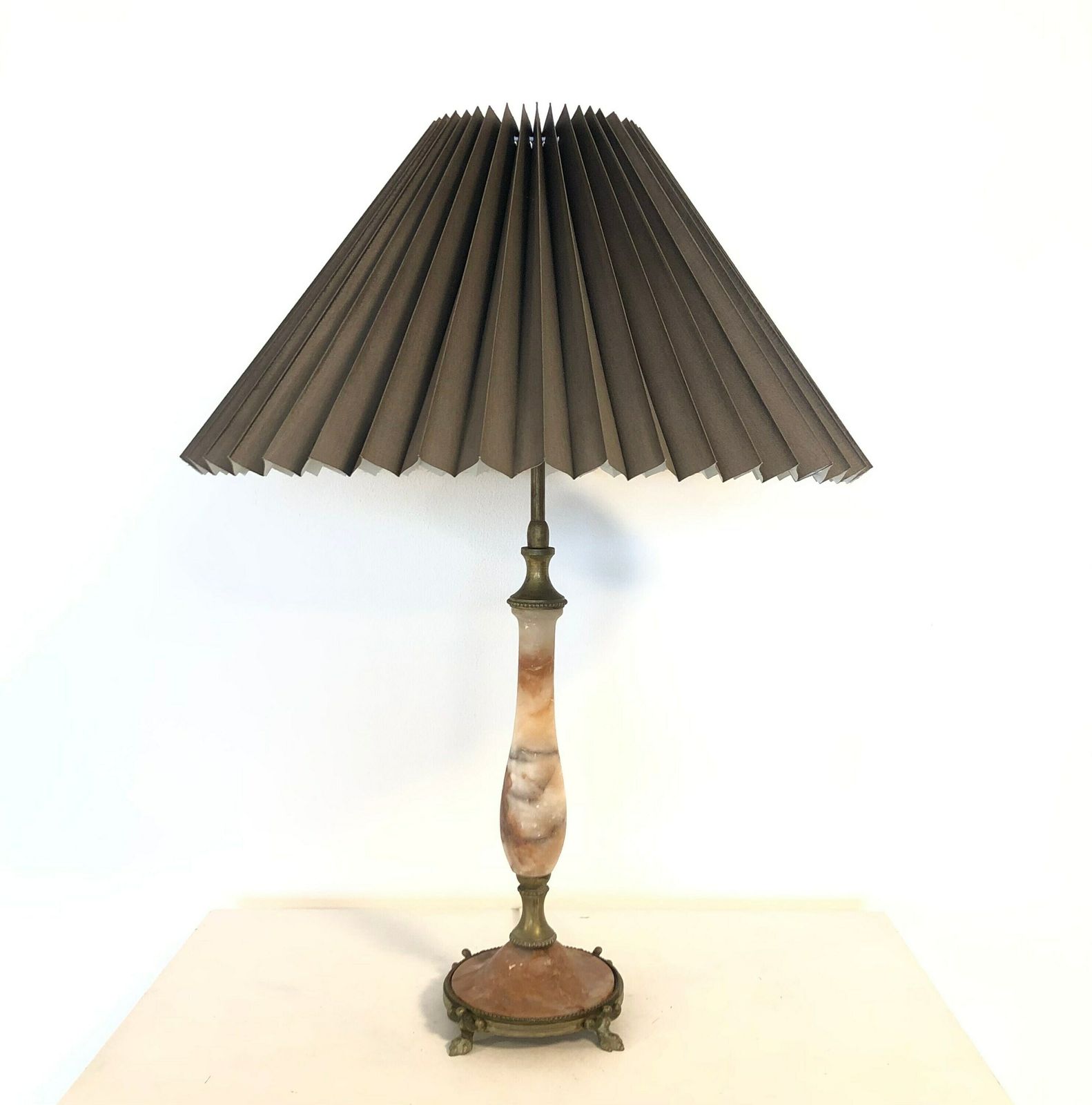 Exclusive Vintage Red Alabaster Art Deco Table Lamp With Gorgeous Brass Details And Dark Pleated Fabric Shade photo vinterior