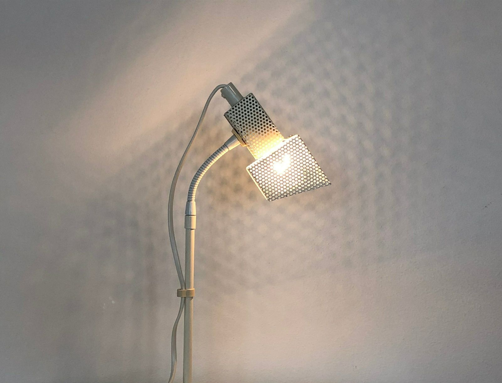 Original Cool Vintage Postmodern Abo Model “Nice” Danish Design Table Lamp In Perforated Metal With White Paint And Adjustable Shade photo for sale
