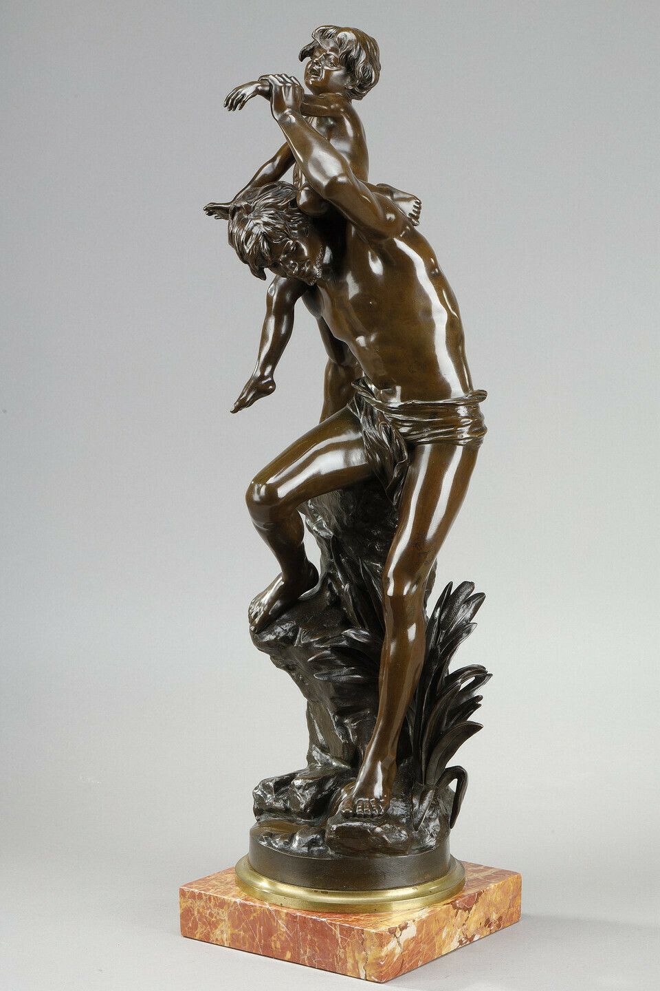 Brown Patina Bronze Of A Man Carrying A Child On His Back, By Gaston Leroux (1854 1942) photo for sale