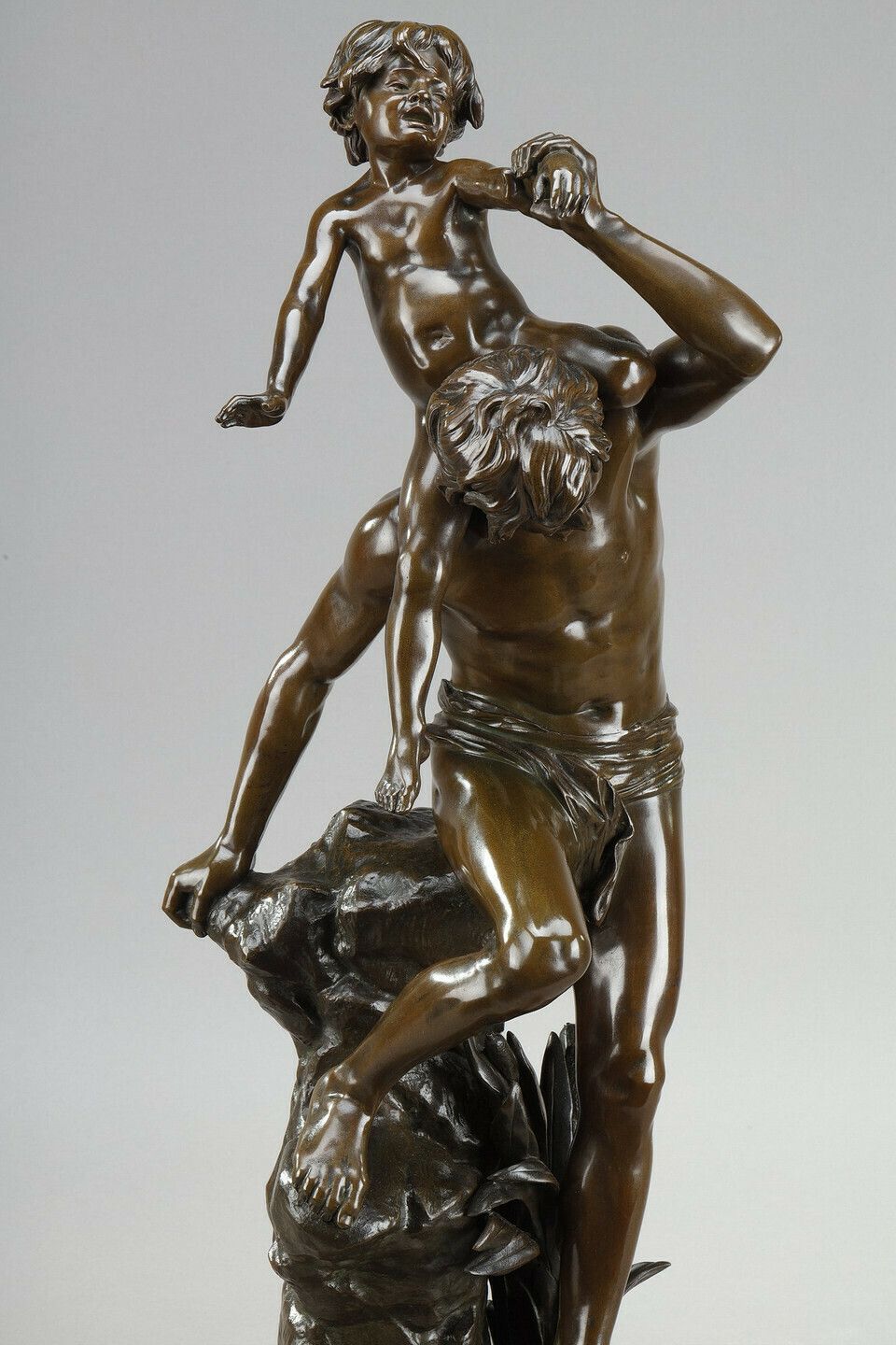 photo for sale Brown Patina Bronze Of A Man Carrying A Child On His Back, By Gaston Leroux (1854 1942)