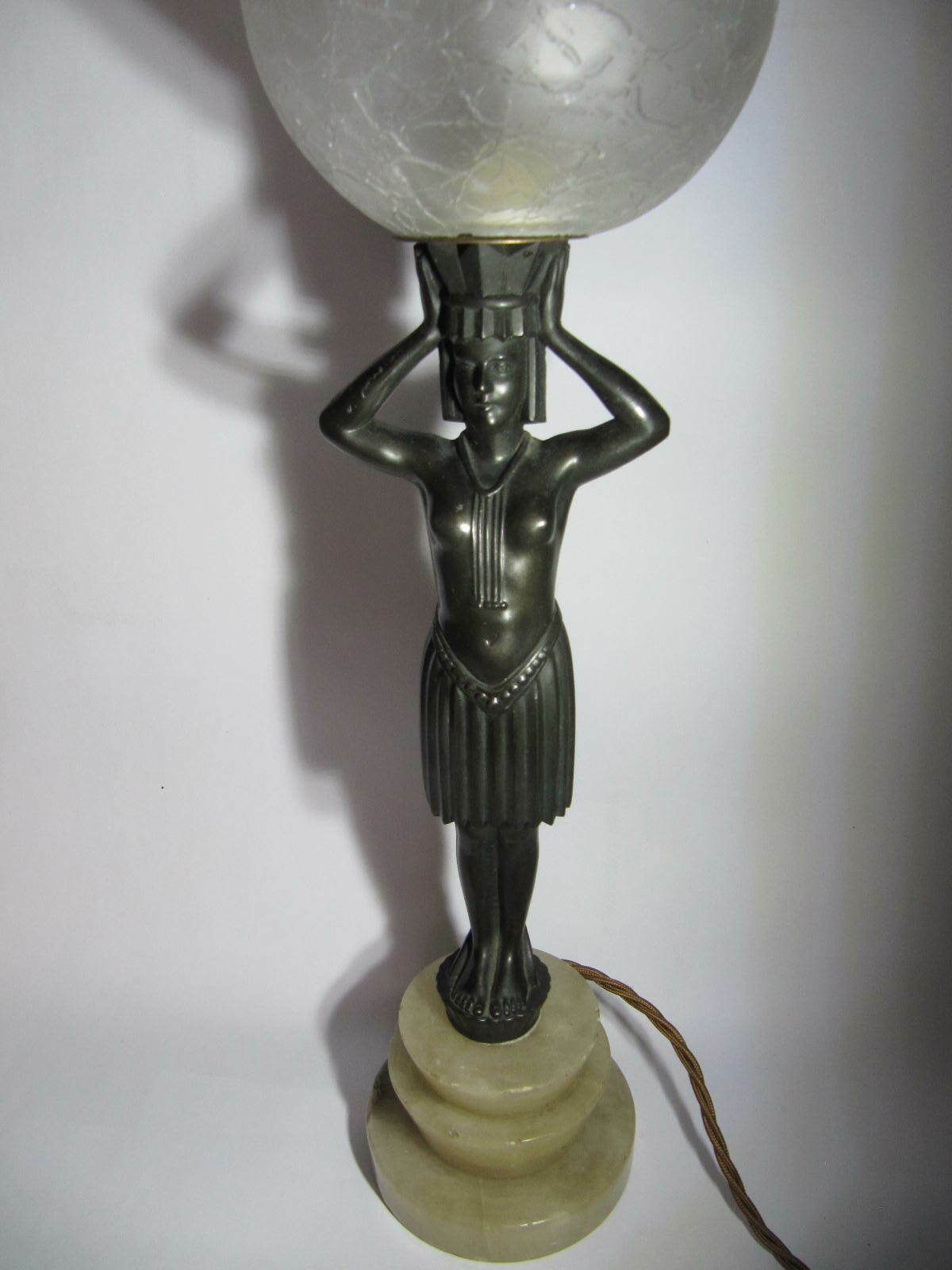 Art Deco Lamp From The Seymour Stein Collection. Lady Figurine On Marble With Crackle Glass Globe