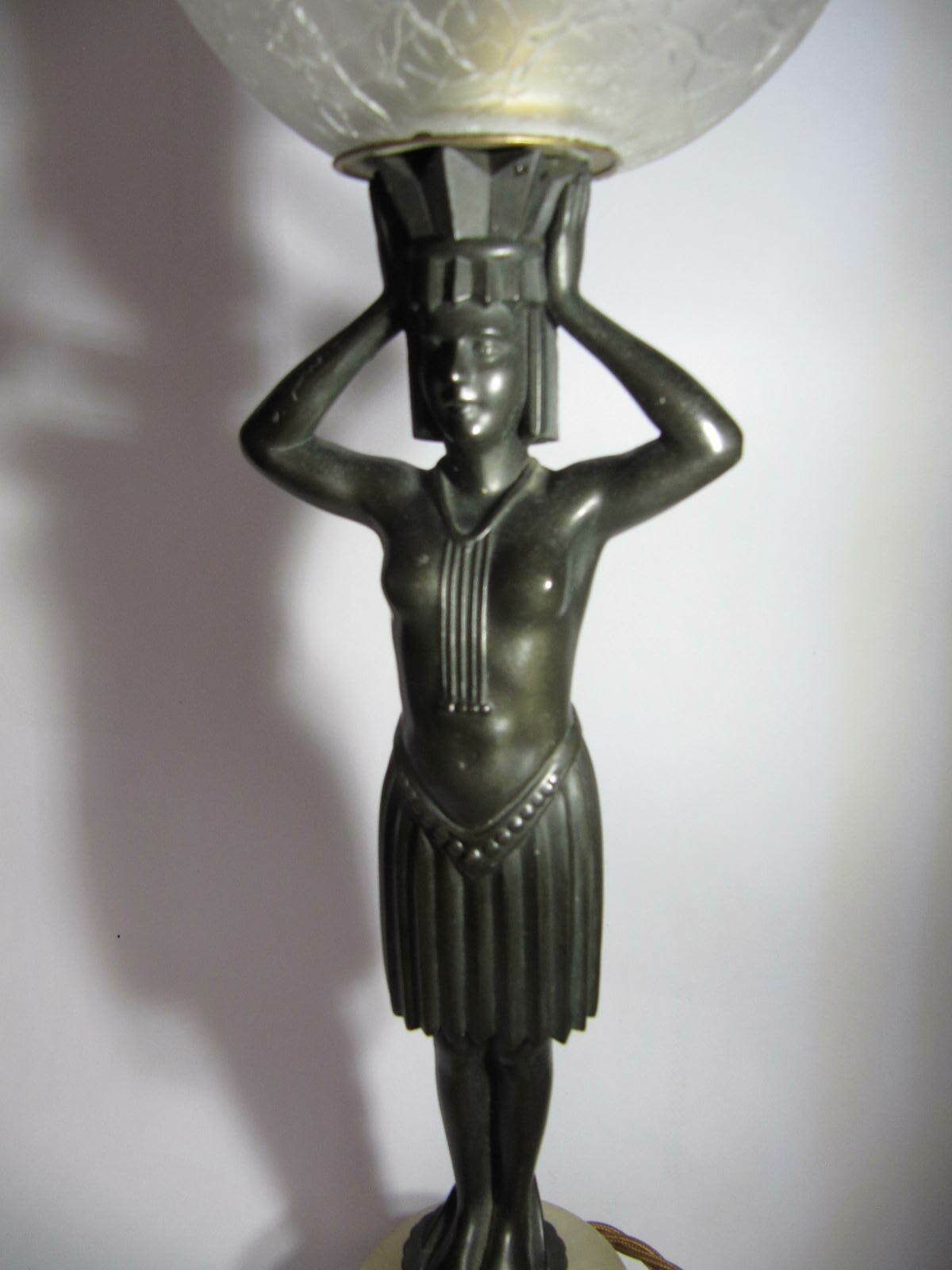 Art Deco Lamp From The Seymour Stein Collection. Lady Figurine On Marble With Crackle Glass Globe photo furniture