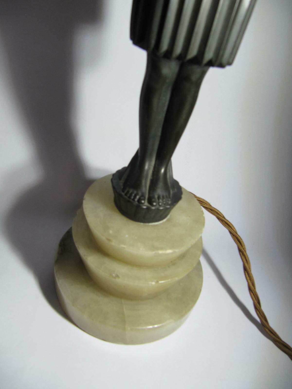Art Deco Lamp From The Seymour Stein Collection. Lady Figurine On Marble With Crackle Glass Globe photo for sale