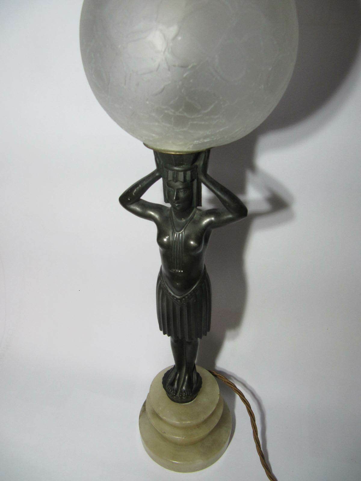 Art Deco Lamp From The Seymour Stein Collection. Lady Figurine On Marble With Crackle Glass Globe photo vinterior