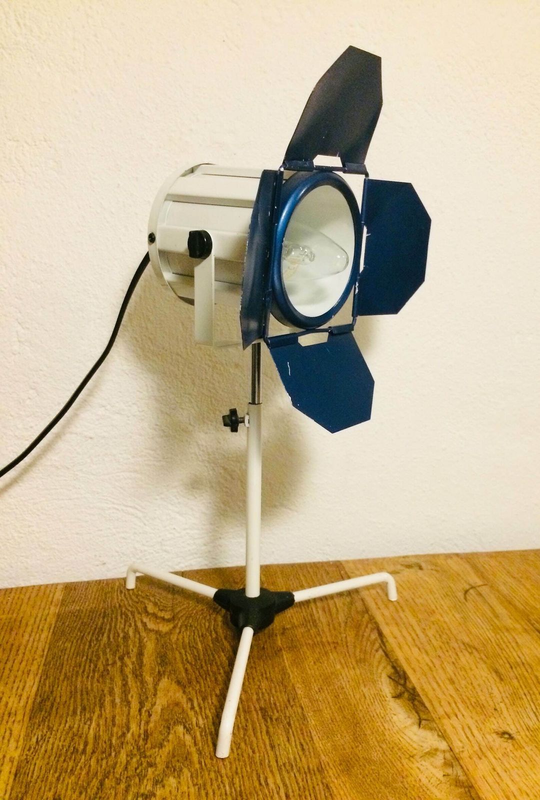 Vintage Danish Postmodern Fotoshoot Spotlight Table Lamp In Blue And White Metal   Design By Frimann photo buy