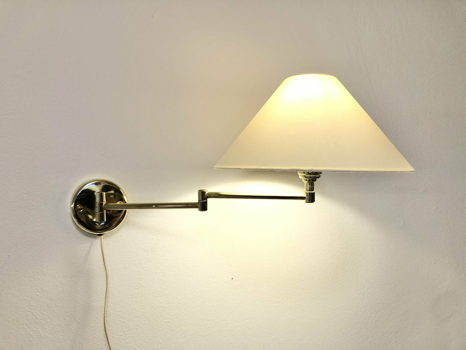 Mid Century Danish Swing Arm Design Wall Lamp In Brass With Original Vintage White Fabric Shade photo for sale