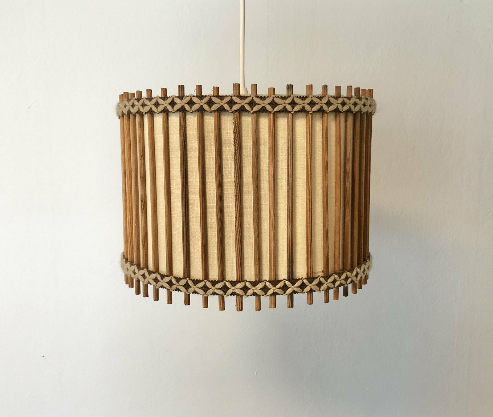 Danish Vintage Mid Century Ceiling Lamp With Beige Fabric Shade And Gorgeous Wood And Embroidery Details photo Lighting