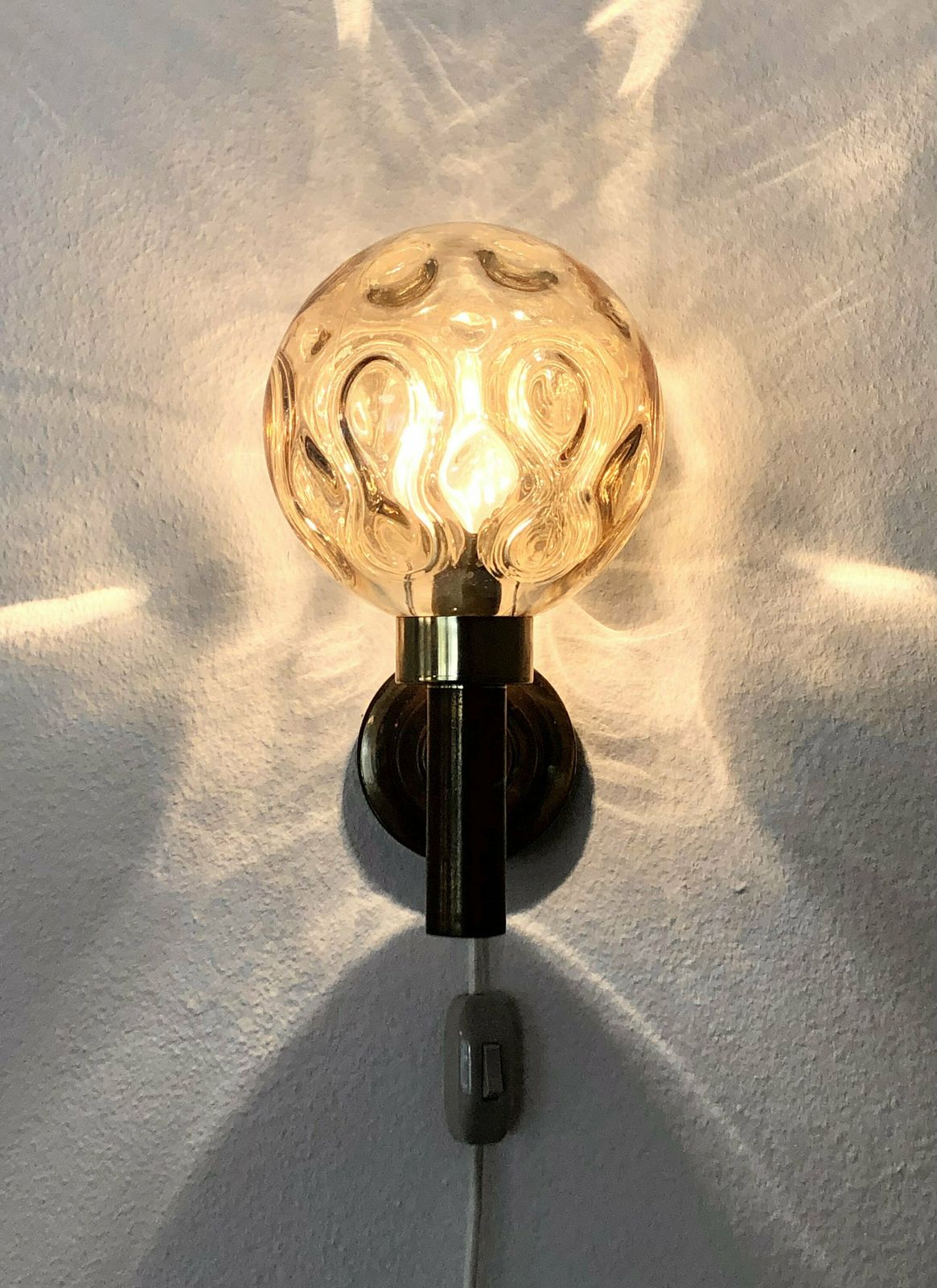 Elegant Danish Mid Century Design Wall Lamps With Globe Amber Glass Shade And Brass Wall Mount photo vinterior