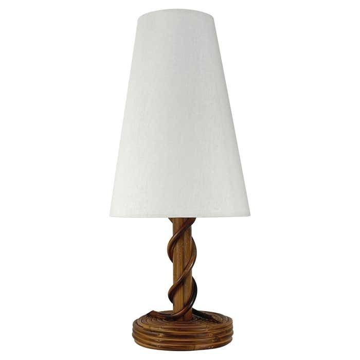 Louis Sognot Rattan Bamboo Fabric Table Lamp, France 1950s