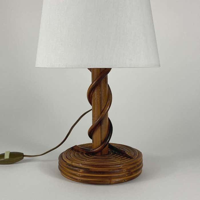 Louis Sognot Rattan Bamboo Fabric Table Lamp, France 1950s photo buy