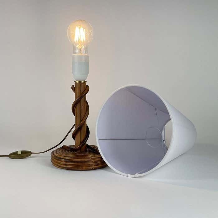 Lighting Louis Sognot Rattan Bamboo Fabric Table Lamp, France 1950s photo