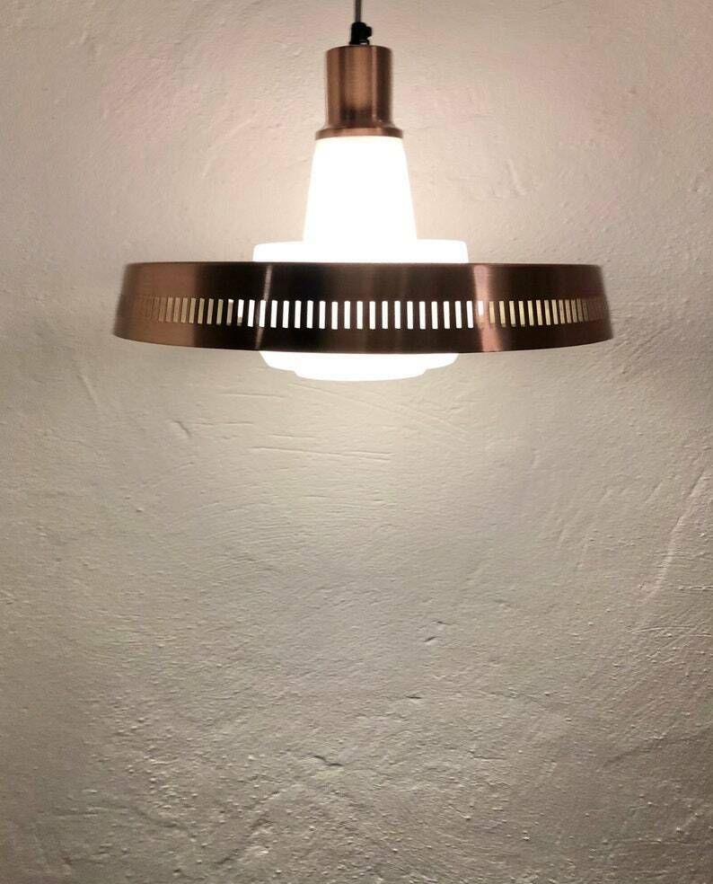 Mid Century Danish Copper Colored Ceiling Lamp With Opal Glass   Design From Lyfa photo for sale