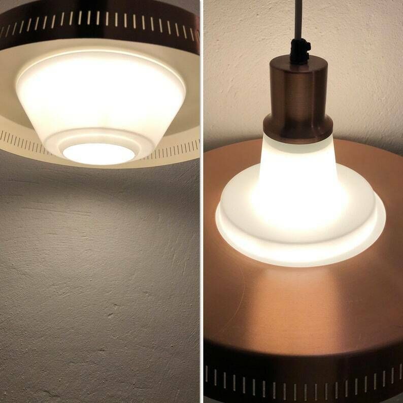 Mid Century Danish Copper Colored Ceiling Lamp With Opal Glass   Design From Lyfa photo vinterior