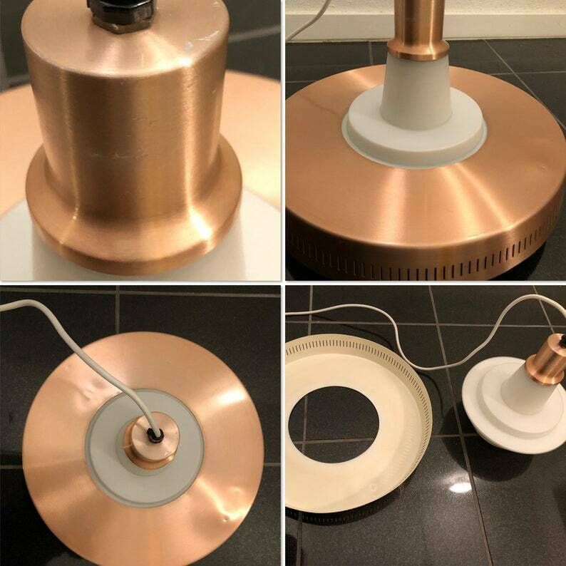 Mid Century Danish Copper Colored Ceiling Lamp With Opal Glass   Design From Lyfa photo vintage