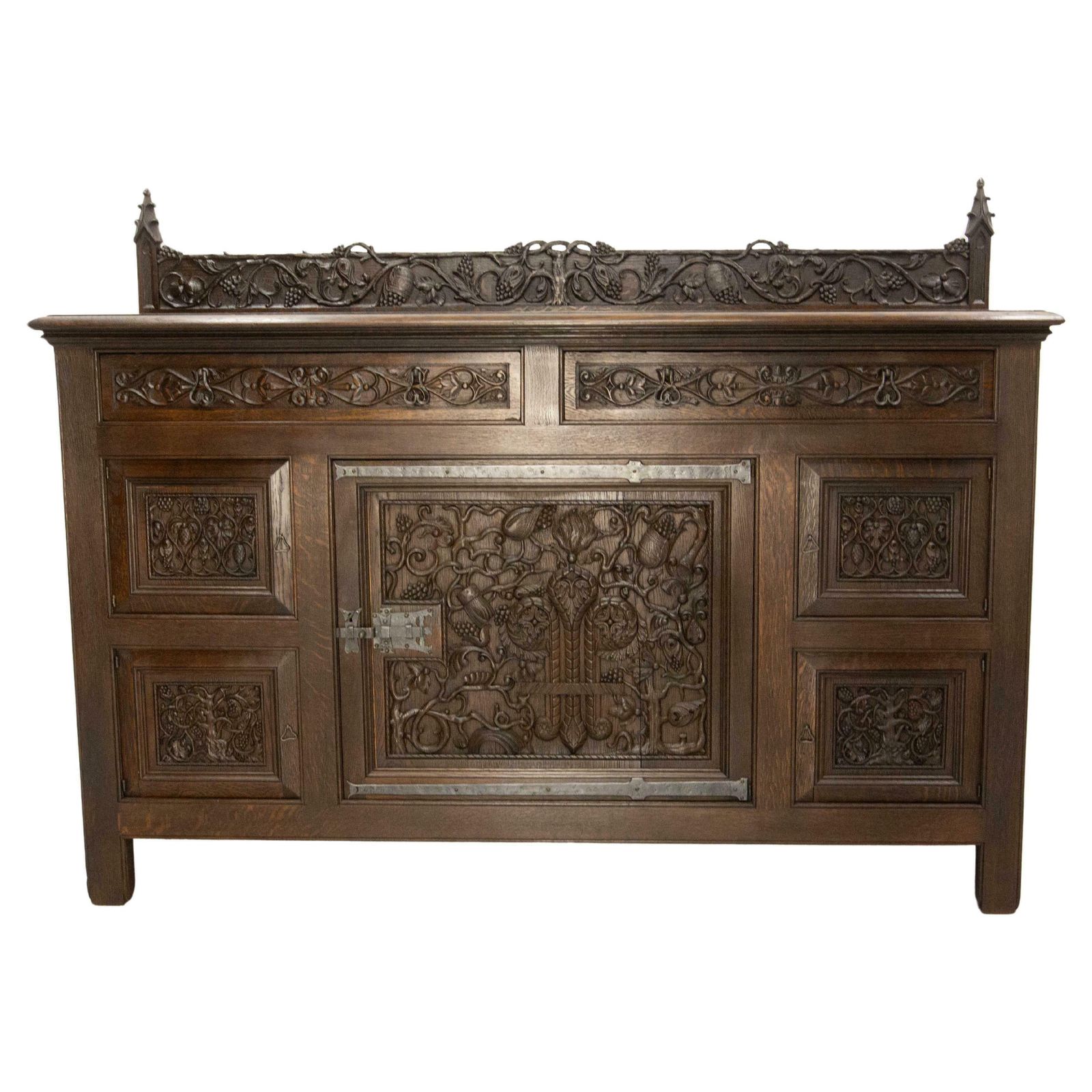 French Oak & Wrought Iron Buffet Neogothic St Tree Of Life Theme Early 20th C