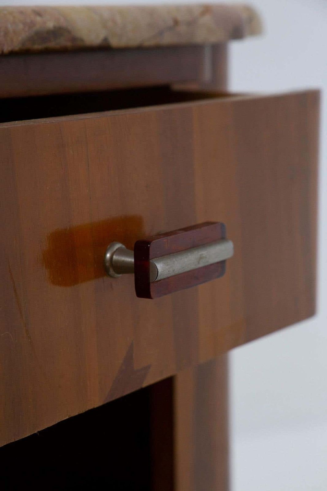 3737.0 Pair Of Italian Futurist Bedside Tables In Marble And Wood, With Iconographic In photo